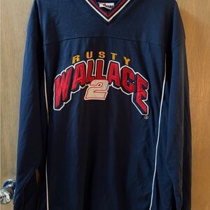 Chase Authentics Navy Rusty Wallace NASCAR Shirt with Red and Yellow Accents